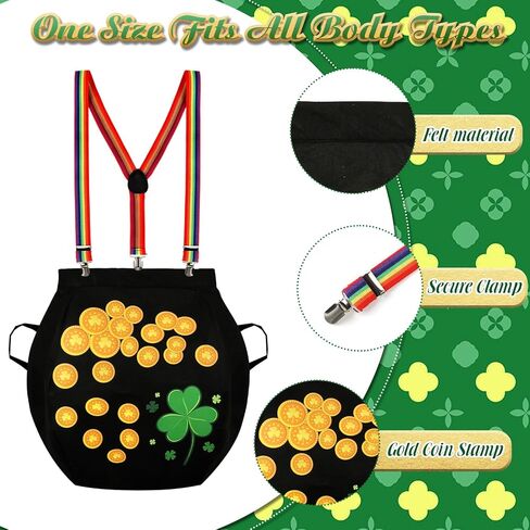 زي عيد القديس باتريك من الذهب للبالغين، زي عملات Leprechaun Cauldron بحجم إضافي مع حزام كتف قوس قزح in Saudi Arabia