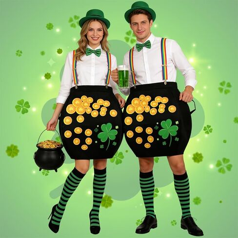 زي عيد القديس باتريك من الذهب للبالغين، زي عملات Leprechaun Cauldron بحجم إضافي مع حزام كتف قوس قزح in Saudi Arabia