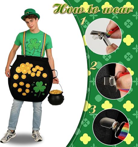 زي عيد القديس باتريك من الذهب للبالغين، زي عملات Leprechaun Cauldron بحجم إضافي مع حزام كتف قوس قزح in Saudi Arabia