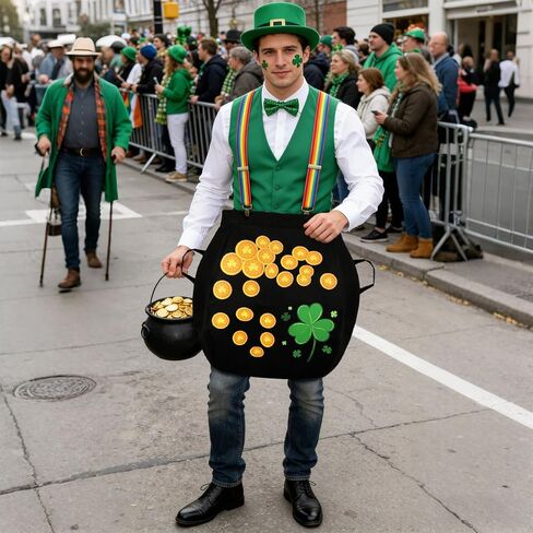 زي عيد القديس باتريك من الذهب للبالغين، زي عملات Leprechaun Cauldron بحجم إضافي مع حزام كتف قوس قزح in Saudi Arabia