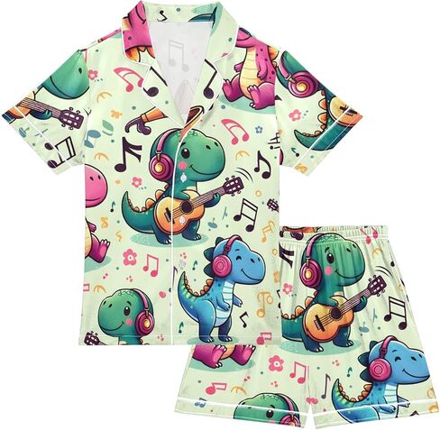 Kids Casual Satin Wear Set Cute Dinosaur Playing Music Unisex Short Sleeve Clothing for Relaxing in Saudi Arabia