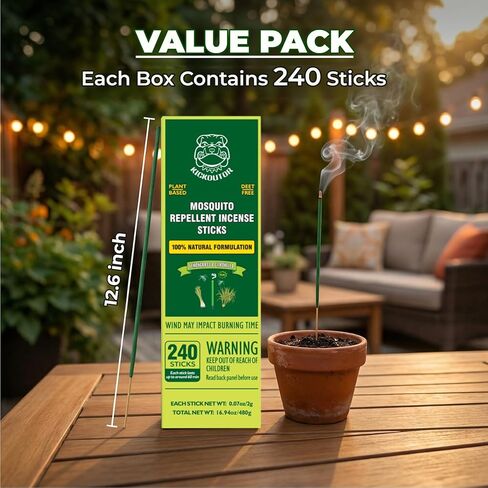 KICKOUTOR® Citronella Incense Sticks Outdoor, 240 Count Natural Mosquito Repellent for Patio Backyard Camping, 1-Hour Burn DEET-Free Flying Insect & Bug Control - Gnat No-See-um in Kuwait