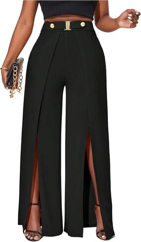 OYOANGLE Women's Buckle Button Front Dress Pants Wrap High Slit Pants Wide Leg Elegant Trousers in Saudi Arabia