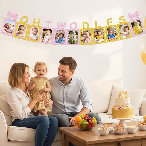 لافتة صور ديكورات Oh Twodles - إطار صور لتزيين عيد الميلاد الثاني برسومات كرتونية لامعة باللون الذهبي الوردي، لافتة صور لعيد الميلاد الثاني السعيد للأولاد والبنات in Kuwait