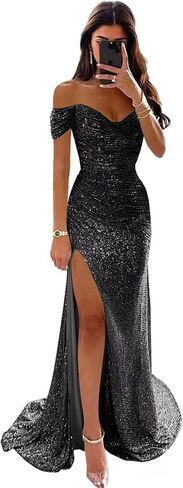Off Shoulder Sparkly Sequin Prom Dresses for Women 2026 Long Mermaid Evening Dresses Formal Gown with Slit in Kuwait