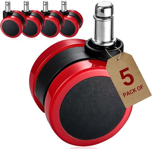 عجلات كراسي المكتب الحمراء، استبدال عجلات الكراسي شديدة التحمل مقاس 2 بوصة بحلقة مطاطية، عجلات عجلات كراسي مكتب الألعاب - مجموعة مكونة من 5 قطع، تدحرج سلس لأرضيات بلاط السجاد الصلب، مقاس 11 * 22 مم مناسب عالميًا in Kuwait
