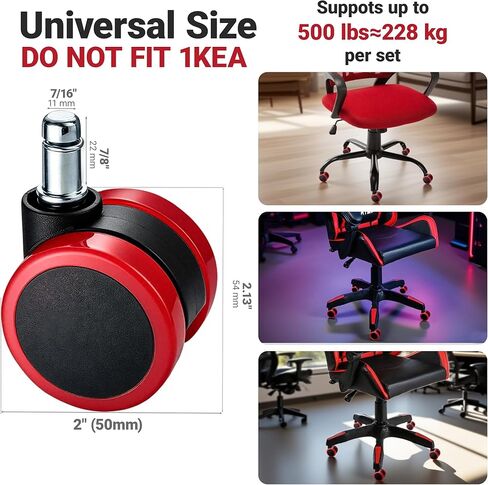 عجلات كراسي المكتب الحمراء، استبدال عجلات الكراسي شديدة التحمل مقاس 2 بوصة بحلقة مطاطية، عجلات عجلات كراسي مكتب الألعاب - مجموعة مكونة من 5 قطع، تدحرج سلس لأرضيات بلاط السجاد الصلب، مقاس 11 * 22 مم مناسب عالميًا in Kuwait