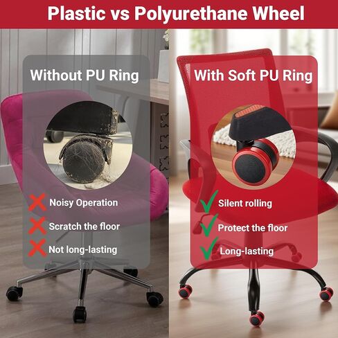 عجلات كراسي المكتب الحمراء، استبدال عجلات الكراسي شديدة التحمل مقاس 2 بوصة بحلقة مطاطية، عجلات عجلات كراسي مكتب الألعاب - مجموعة مكونة من 5 قطع، تدحرج سلس لأرضيات بلاط السجاد الصلب، مقاس 11 * 22 مم مناسب عالميًا in Kuwait