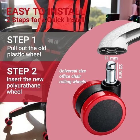 عجلات كراسي المكتب الحمراء، استبدال عجلات الكراسي شديدة التحمل مقاس 2 بوصة بحلقة مطاطية، عجلات عجلات كراسي مكتب الألعاب - مجموعة مكونة من 5 قطع، تدحرج سلس لأرضيات بلاط السجاد الصلب، مقاس 11 * 22 مم مناسب عالميًا in Kuwait