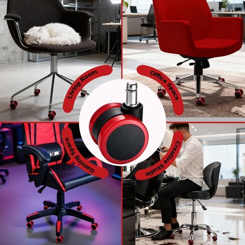 عجلات كراسي المكتب الحمراء، استبدال عجلات الكراسي شديدة التحمل مقاس 2 بوصة بحلقة مطاطية، عجلات عجلات كراسي مكتب الألعاب - مجموعة مكونة من 5 قطع، تدحرج سلس لأرضيات بلاط السجاد الصلب، مقاس 11 * 22 مم مناسب عالميًا in Kuwait