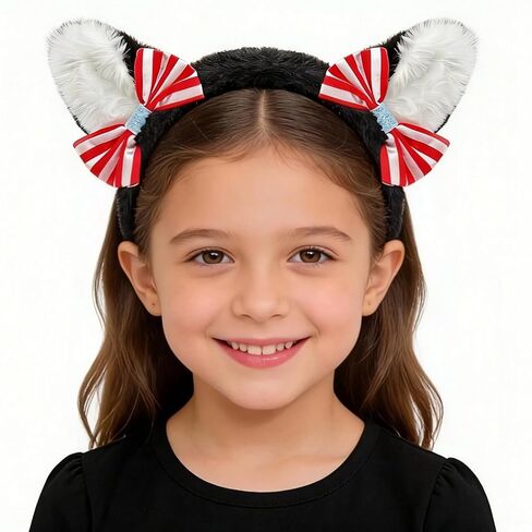 BleSky Fuzzy Cat Ear Bow Headband Adult Fuzzy Black Cat Ear Headband with Red Bow for Book Themed Animal Halloween Costume in Saudi Arabia