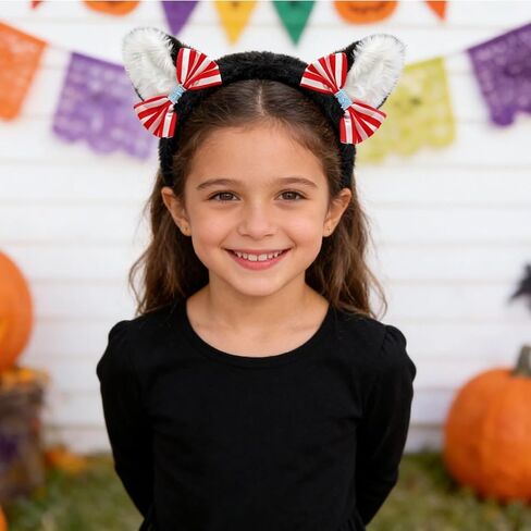 BleSky Fuzzy Cat Ear Bow Headband Adult Fuzzy Black Cat Ear Headband with Red Bow for Book Themed Animal Halloween Costume in Saudi Arabia