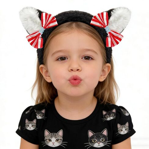 BleSky Fuzzy Cat Ear Bow Headband Adult Fuzzy Black Cat Ear Headband with Red Bow for Book Themed Animal Halloween Costume in Saudi Arabia