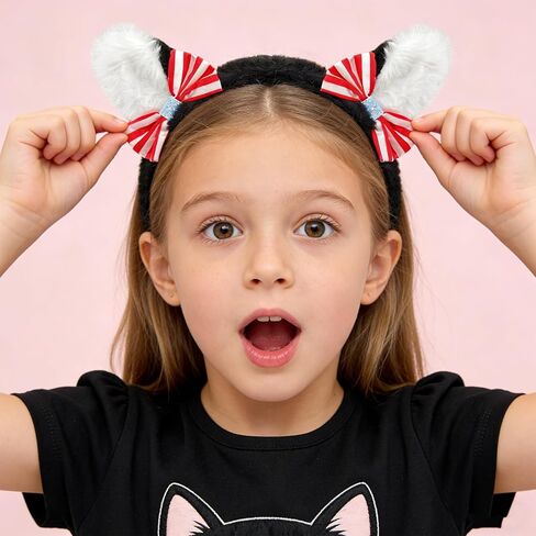 BleSky Fuzzy Cat Ear Bow Headband Adult Fuzzy Black Cat Ear Headband with Red Bow for Book Themed Animal Halloween Costume in Saudi Arabia