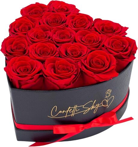 Confetti Sky 16 زهرة محفوظة في صندوق قلب فاخر - زهور حقيقية تدوم من 3 إلى 5 سنوات - ورود أبدية للذكرى السنوية، وعيد الميلاد، وعيد الحب لها، وأمها، وزوجتها in Saudi Arabia