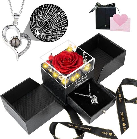 وردة حمراء حقيقية محفوظة، قلادة S925 مع قلب أحبك بـ 100 لغة، هدايا عيد ميلاد من الزهور الأبدية للنساء وأمها وزوجته وصديقتها في عيد الحب، وعيد الميلاد، وعيد الأم in Kuwait