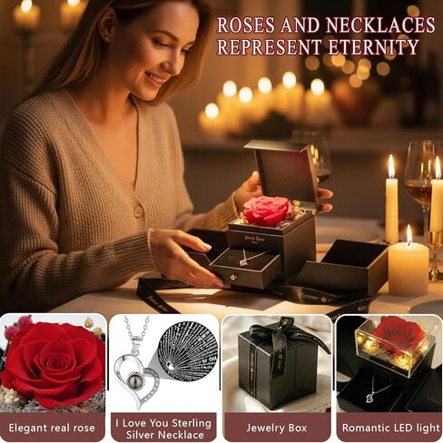 وردة حمراء حقيقية محفوظة، قلادة S925 مع قلب أحبك بـ 100 لغة، هدايا عيد ميلاد من الزهور الأبدية للنساء وأمها وزوجته وصديقتها في عيد الحب، وعيد الميلاد، وعيد الأم in Kuwait
