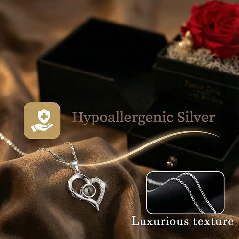 وردة حمراء حقيقية محفوظة، قلادة S925 مع قلب أحبك بـ 100 لغة، هدايا عيد ميلاد من الزهور الأبدية للنساء وأمها وزوجته وصديقتها في عيد الحب، وعيد الميلاد، وعيد الأم in Kuwait