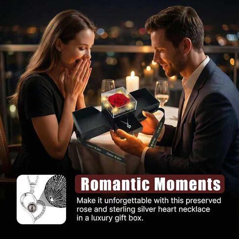 وردة حمراء حقيقية محفوظة، قلادة S925 مع قلب أحبك بـ 100 لغة، هدايا عيد ميلاد من الزهور الأبدية للنساء وأمها وزوجته وصديقتها في عيد الحب، وعيد الميلاد، وعيد الأم in Kuwait