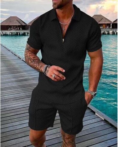 Men's Polo Shirt and Shorts Set 2 Piece Summer Outfits 3D Textured Short Sleeve Track Suit in Saudi Arabia