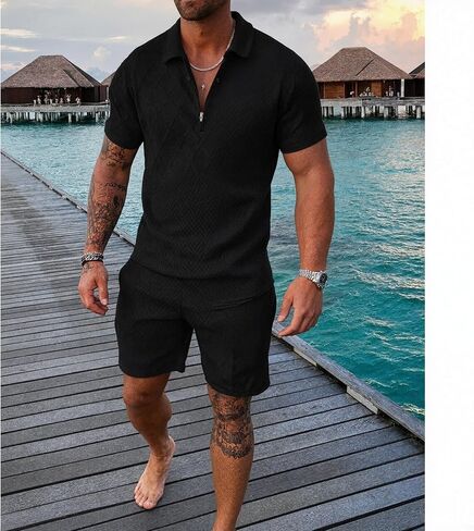 Men's Polo Shirt and Shorts Set 2 Piece Summer Outfits 3D Textured Short Sleeve Track Suit in Saudi Arabia