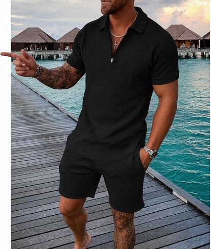 Men's Polo Shirt and Shorts Set 2 Piece Summer Outfits 3D Textured Short Sleeve Track Suit in Saudi Arabia