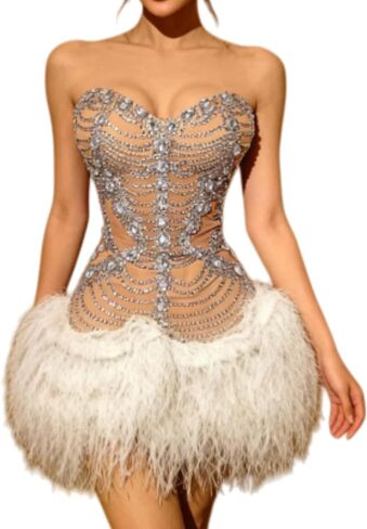 Women Sparkly Sheer Mesh Cocktail Ball Gowns Luxury Fashion Crystals White Feather Prom Dress for Birthday Party Dresses at Night in Saudi Arabia