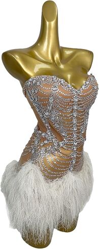 Women Sparkly Sheer Mesh Cocktail Ball Gowns Luxury Fashion Crystals White Feather Prom Dress for Birthday Party Dresses at Night in Saudi Arabia