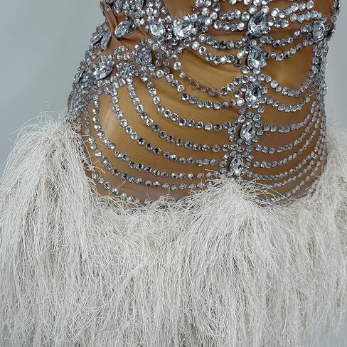 Women Sparkly Sheer Mesh Cocktail Ball Gowns Luxury Fashion Crystals White Feather Prom Dress for Birthday Party Dresses at Night in Saudi Arabia