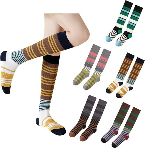 4/5 Pairs Retro Style Colorful Striped Knee High Socks for Women Soft Cotton Stockings for Sports and Daily Wear in Saudi Arabia