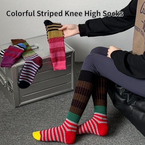 4/5 Pairs Retro Style Colorful Striped Knee High Socks for Women Soft Cotton Stockings for Sports and Daily Wear in Saudi Arabia