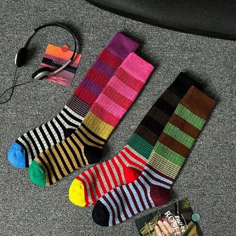 4/5 Pairs Retro Style Colorful Striped Knee High Socks for Women Soft Cotton Stockings for Sports and Daily Wear in Saudi Arabia
