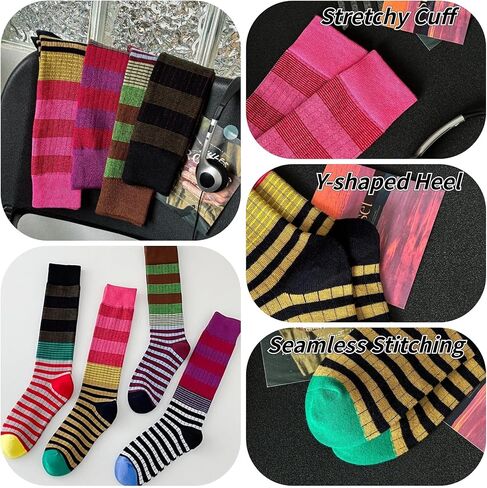 4/5 Pairs Retro Style Colorful Striped Knee High Socks for Women Soft Cotton Stockings for Sports and Daily Wear in Saudi Arabia