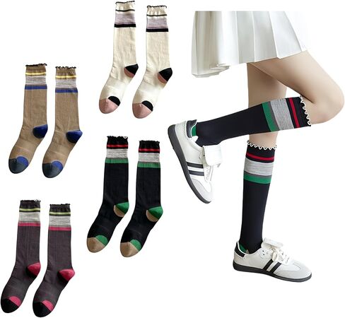 4/5 Pairs Retro Style Colorful Striped Knee High Socks for Women Soft Cotton Stockings for Sports and Daily Wear in Saudi Arabia