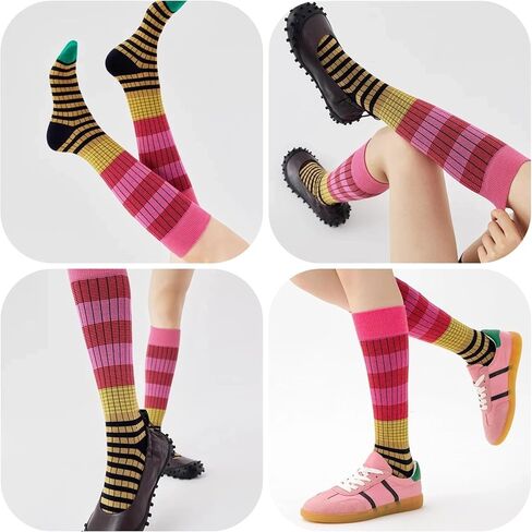 4/5 Pairs Retro Style Colorful Striped Knee High Socks for Women Soft Cotton Stockings for Sports and Daily Wear in Saudi Arabia