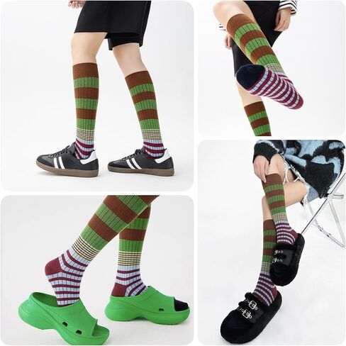 4/5 Pairs Retro Style Colorful Striped Knee High Socks for Women Soft Cotton Stockings for Sports and Daily Wear in Saudi Arabia