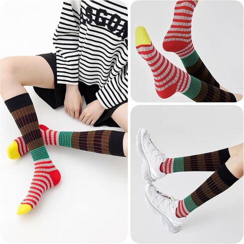 4/5 Pairs Retro Style Colorful Striped Knee High Socks for Women Soft Cotton Stockings for Sports and Daily Wear in Saudi Arabia