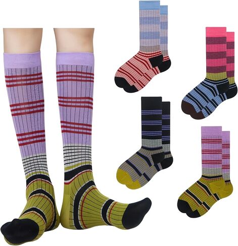 4/5 Pairs Retro Style Colorful Striped Knee High Socks for Women Soft Cotton Stockings for Sports and Daily Wear in Saudi Arabia