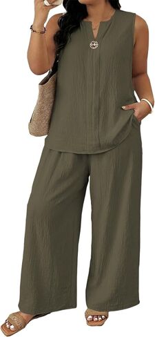 Eytino Plus Size 2 Piece Sets for Women Summer Travel Vacation Outfits Sleeveless Tops Wide Leg Pants Matching Sets(1X-5X) in Saudi Arabia