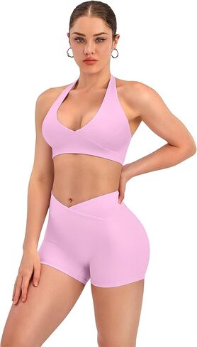 TDIFFUN Women Workout Sets 2 Piece V Neck Halter Sports Bra High Waisted Crossover Booty Gym Shorts Yoga Outfits in Saudi Arabia
