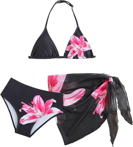 Girl's 3 Piece Bikini Sets Floral Boho Halter Swimsuit High Waisted Bathing Suits Beach Cover Ups in Saudi Arabia