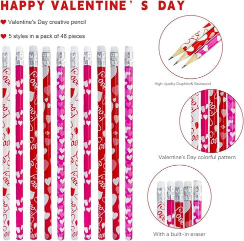 48 قطعة من أقلام الرصاص الخشبية لعيد الحب على شكل قلب مع ممحاة لمستلزمات حفلات عيد الحب in Kuwait