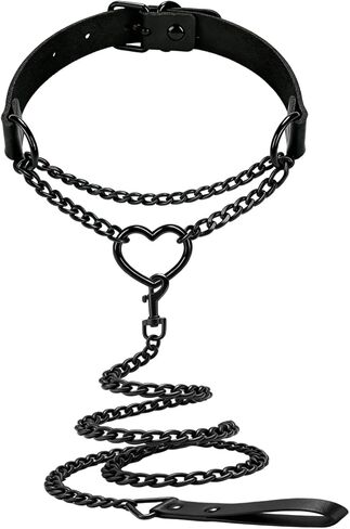 طوق سلسلة سوداء على شكل قلب، قلادة من الجلد، قلادة على شكل طوق من الجلد على الطراز القوطي الشرير، ملحقات مجوهرات لحزام سلسلة الهالوين (أسود، 13-16 بوصة) in Kuwait