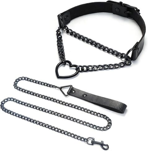 طوق سلسلة سوداء على شكل قلب، قلادة من الجلد، قلادة على شكل طوق من الجلد على الطراز القوطي الشرير، ملحقات مجوهرات لحزام سلسلة الهالوين (أسود، 13-16 بوصة) in Kuwait