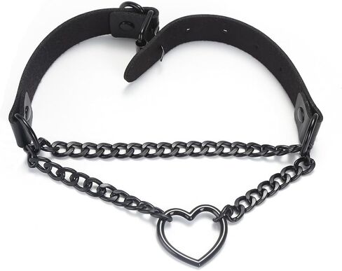 طوق سلسلة سوداء على شكل قلب، قلادة من الجلد، قلادة على شكل طوق من الجلد على الطراز القوطي الشرير، ملحقات مجوهرات لحزام سلسلة الهالوين (أسود، 13-16 بوصة) in Kuwait