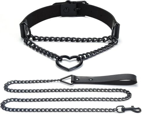 طوق سلسلة سوداء على شكل قلب، قلادة من الجلد، قلادة على شكل طوق من الجلد على الطراز القوطي الشرير، ملحقات مجوهرات لحزام سلسلة الهالوين (أسود، 13-16 بوصة) in Kuwait