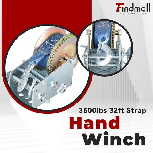 findmall Heavy Duty Hand Winch 3500lbs Hand Crank Strap Gear with 10m (32ft) Strap Manual Operated Two-Way Ratchet Boat Trailer Marine in Saudi Arabia