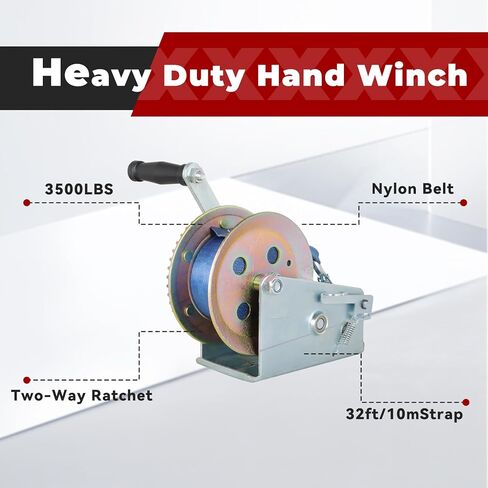findmall Heavy Duty Hand Winch 3500lbs Hand Crank Strap Gear with 10m (32ft) Strap Manual Operated Two-Way Ratchet Boat Trailer Marine in Saudi Arabia