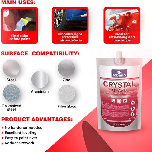 معجون تشطيب كريستال جليز – 440 مل – تسوية ذاتية، سهل الصنفرة، خالي من الثقوب – معجون نهائي منزوع الدسم للصلب والألومنيوم والمجلفن والزنك والألياف الزجاجية – لمسة نهائية ناعمة in Kuwait