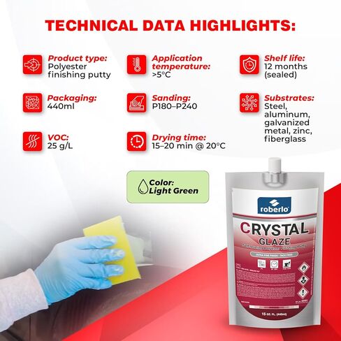 معجون تشطيب كريستال جليز – 440 مل – تسوية ذاتية، سهل الصنفرة، خالي من الثقوب – معجون نهائي منزوع الدسم للصلب والألومنيوم والمجلفن والزنك والألياف الزجاجية – لمسة نهائية ناعمة in Kuwait